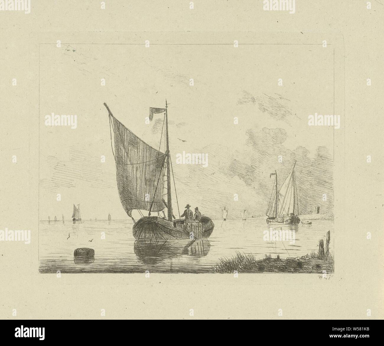 Bateau de pêche avec deux pêcheurs, plusieurs navires à voile à l'arrière-plan, un corps flottant dans la gauche au premier plan., voile de bateau, voile de bateau, Willem Gruyter jr. (Mentionné sur l'objet), Amsterdam, 1832 - 1880, le papier, gravure, h 120 mm × W 148 mm Banque D'Images