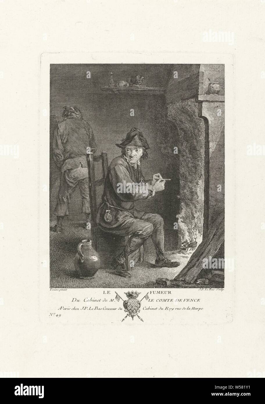 Fumeurs homme devant une cheminée arrête sa pipe Le fumeur (titre sur l'objet), numérotées en bas à gauche : No 49. Feu ouvert, cheminée, pipe, tabac, des emblèmes héraldiques, héraldique, Jacques-Philippe Le Bas (mentionné sur l'objet), Paris, ch. 1747, papier, gravure, h 254 mm × W 183 mm Banque D'Images