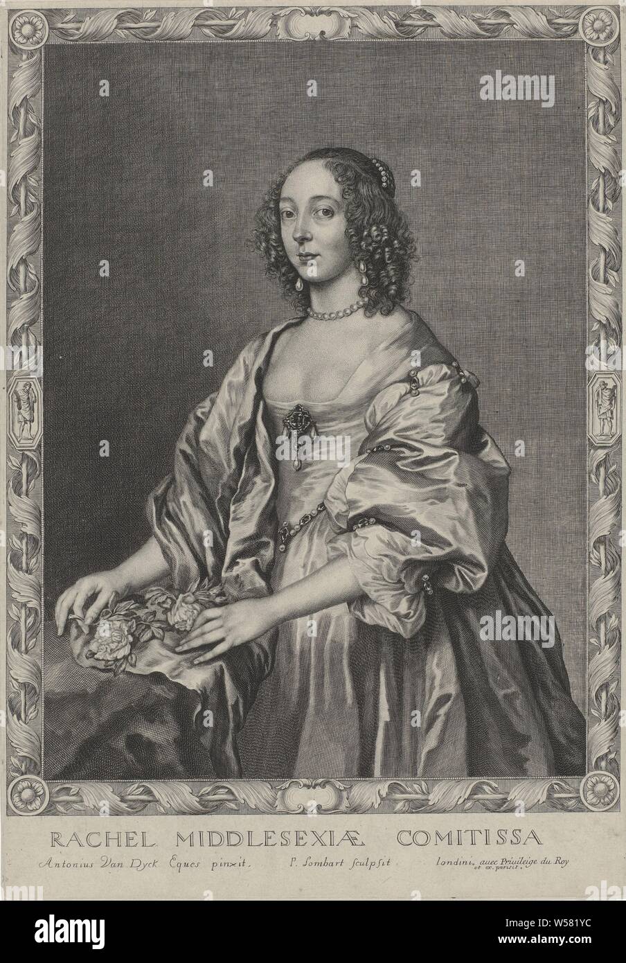 Rachael Fane, comtesse de Middlesex dans un cadre ornemental Rachel Middleexiae comitissa (titre sur l'objet) Portraits de comtes et comtesses (titre de la série), les personnes historiques - BB - femme, noblesse et patriciat, la chevalerie, la chevalerie, cadre de la peinture, etc., Rachael Fane (Duchesse de Middlesex), Pierre Lombard (mentionné sur l'objet), ch. 1660 - c. 1663, papier, gravure, h 351 mm × W 244 mm Banque D'Images