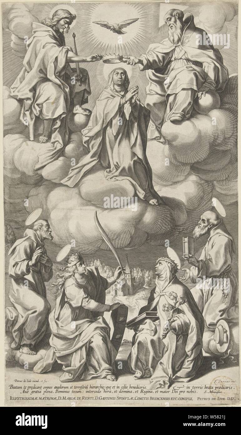 Couronnement de Marie, la Vierge Marie est au ciel par Dieu et Christ couronné. Au-dessus d'elle l'Esprit Saint (comme une colombe). Parmi eux, sur la terre, quatre saints en adoration. De gauche à droite : un homme saint, Sainte Catherine, Sainte Catherine de Sienne et St Jérôme. Dans la marge d'une légende en latin., couronnement de Marie par Dieu le Père et du Christ, la vierge martyre Catherine d'Alexandrie, attributs possibles : livre, couronne, l'empereur Maxence, palm-branch, anneau, épée, roue - femelle saint comme patronne, protectrice, notre intercesseur, la vierge et Tertiaire Dominicaine, Catherine de Sienne, croix, couronne d'épines Banque D'Images