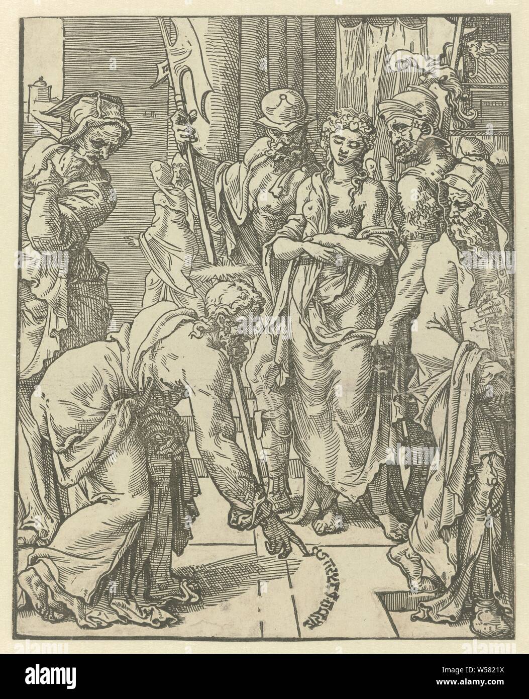 Le Christ et la femme adultère, plusieurs pharisiens apporter dans le temple une femme adultère avec le Christ. Les Pharisiens demandent ce que Christ pense de la loi de Moïse indiquant que ces femmes doivent être lapidées. Christ écrit avec son doigt sur le sol et dit alors que celui qui est sans péché jette la première pierre devrait., pharisiens amener une femme accusée d'adultère ou avant le Christ (Jean 8 : 2-11), le Christ à points ou écrit sur le terrain, Dirck Volckertsz. Coornhert, Pays-Bas), ch. 1548, papier, h 236 mm × W 190 mm Banque D'Images