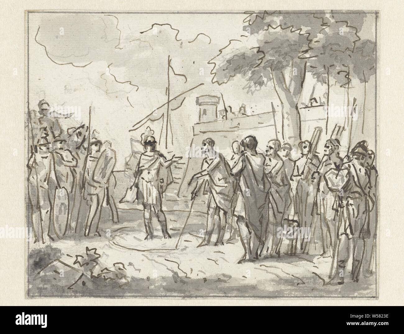 Laenas trace un cercle autour d'Antiochus IV Épiphane dans le sable, le consul C. Popilius Laenas, commandé par le sénat romain pour commander Antiochus Épiphane de s'abstenir de la guerre, avec son personnel de tracer un cercle autour de la reine et lui demander de ne pas aller au-delà avant d'y répondre, Gaius Popillius Laenas, Antiochus IV Épiphane, Jurriaan Andriessen, 1752 - 1819, papier, encre, graphite (minéral), pinceau, h 155 mm × W 190 mm Banque D'Images