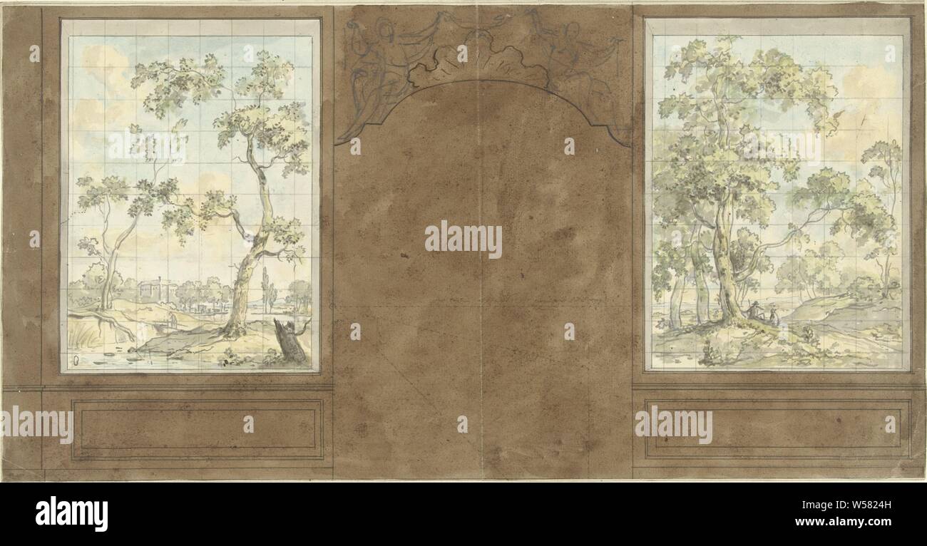 Design pour le mur de chambre en chambre de Jan De Groot, Keizersgracht 187, Design pour la chambre de mur dans la chambre de la libraire et collectionneur d'Jan De Groot, Keizersgracht 187., les noms des bâtiments historiques, sites, rues, etc. (NOM), avec les noms de villes et villages (avec nom), Krimpen aan de Lek, Duivendrecht, Jurriaan Andriessen, ch. 1781 et/ou c. 1752 - c. 1819, le papier, l'aquarelle (peinture), encre, graphite (minéral), pinceau, h 242 mm × W 464 mm Banque D'Images