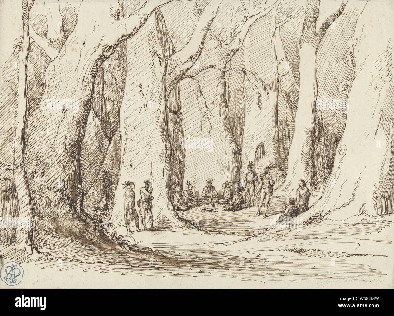 Réunion des Autochtones américains dans une forêt, rencontre des Autochtones américains dans une grande forêt. Certains assis sur le plancher d'un demi-cercle., Gustave Doré, 1842 - 1883, papier, encre, stylo, h 215 mm × W 296 mm Banque D'Images