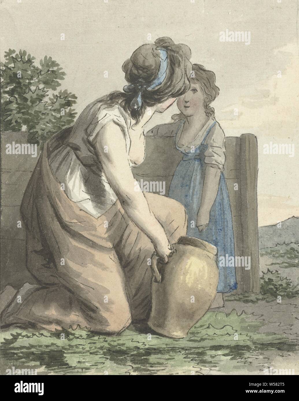 L'accroupissement femme parle à une fille, femme accroupie permanent avec verseuse parle à un comité permanent. fille, l'examen, l'inspection (d'entreprise, d'unité, les fournisseurs), Malieveld (La Haye), Anthony Andriessen, 1756 - 1813, papier, encre, pinceau, h 160 mm × 127 mm w Banque D'Images