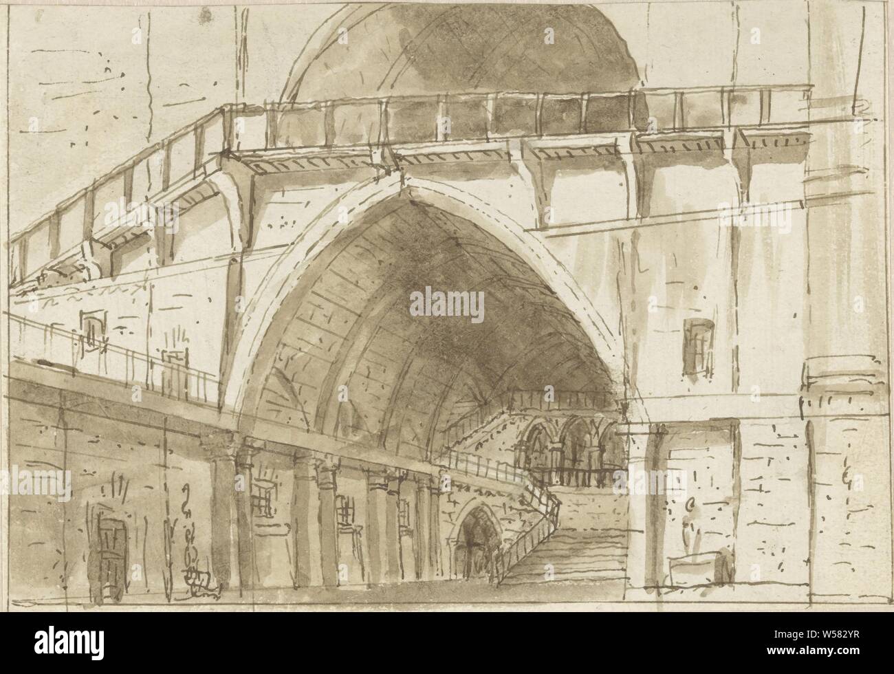 D'escalier dans un château gothique, Italie, 1770 - 1799, le papier, le graphite (minéral), encre, pinceau, h 142 mm × W 206 mm Banque D'Images