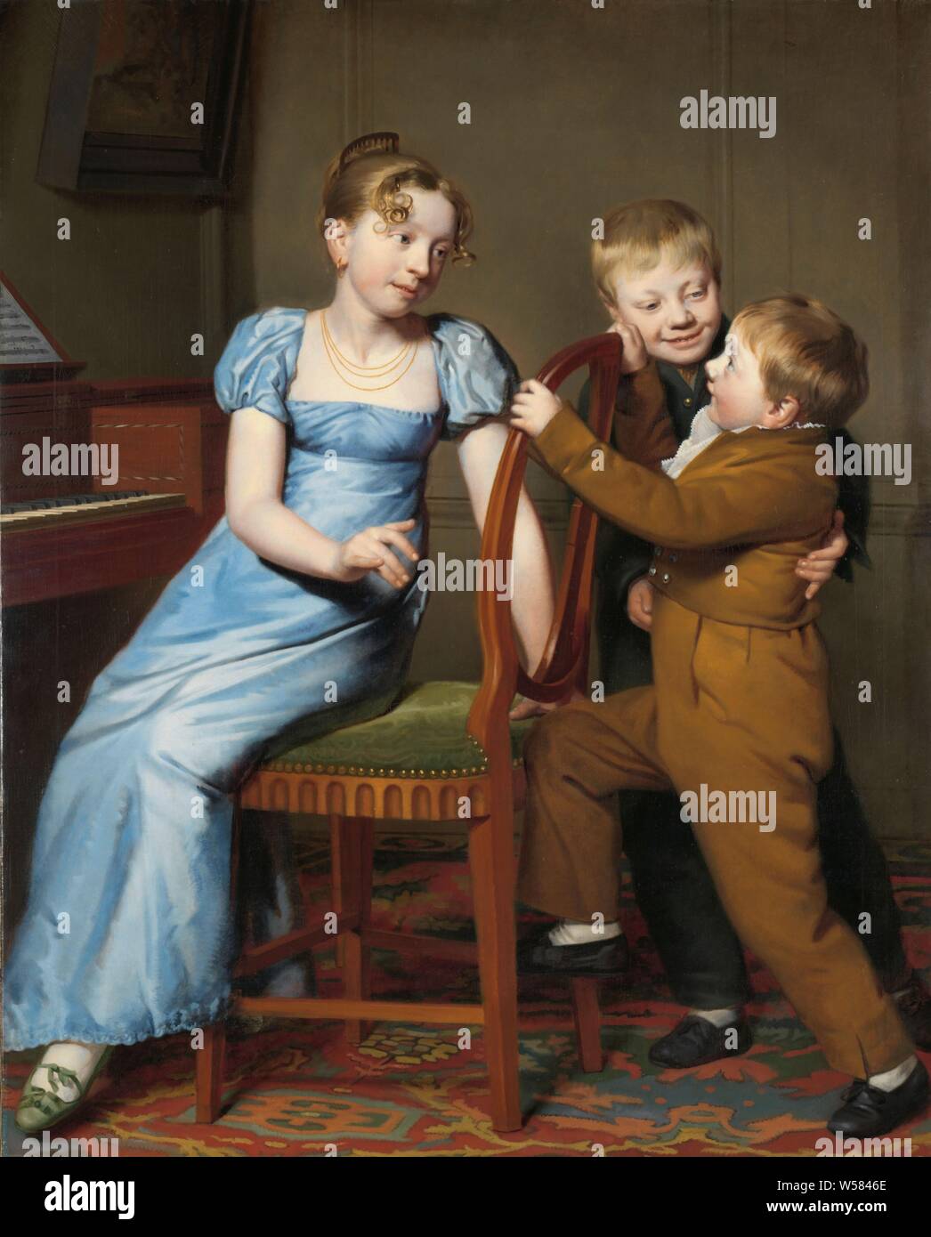 La pratique du piano, le Piano fou jeu. Deux garçons harceler leur sœur  tout en jouant du piano. La jeune fille tourne dans sa chaise pour les  garçons, pianoforte, frères ou sœurs (