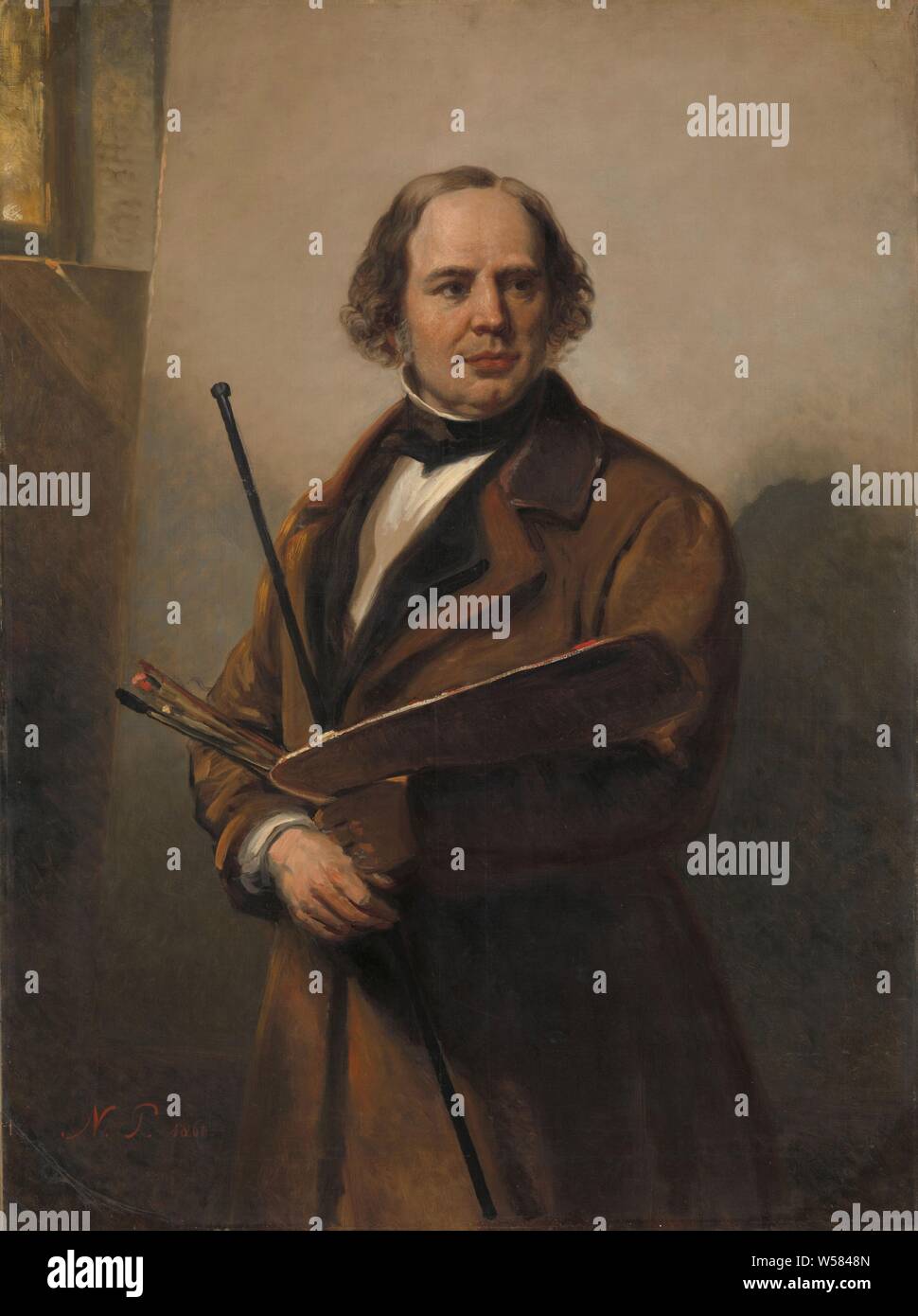 Jan Willem Pieneman, peintre, père de Nicolaas Pieneman, portrait de Jan Willem Pieneman (1779-1853), peintre et père de Nicolaas Pieneman. Pièce de hanche, debout avec palette, pinceaux et de la canne dans les mains., Nicolaas Pieneman, 1860, toile, de la peinture à l'huile (peinture), h 140 cm × w 104,6 cm × t 4.2 cm d 12,7 cm w 34 kg Banque D'Images