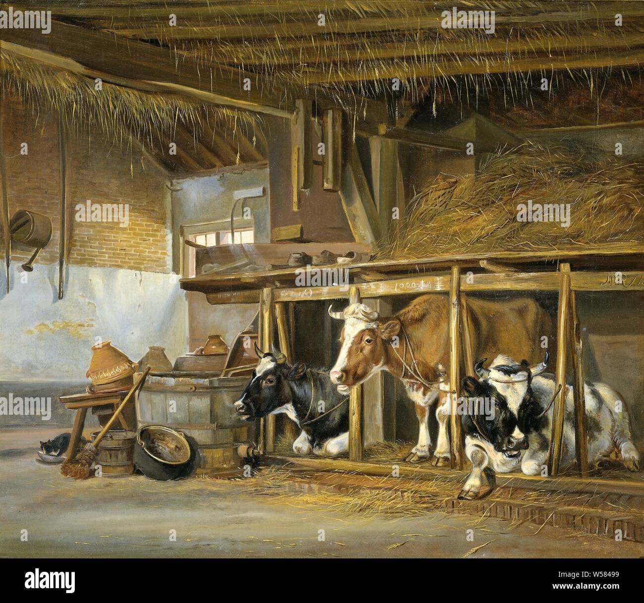 Vaches dans une étable, de l'intérieur d'un pays stable avec trois vaches. Sur la gauche, seaux, bouilloires et un chat qui boit du lait., Jan van Ravenswaay, 1820, toile, de la peinture à l'huile (peinture), h 39,1 cm × 46,4 cm × w t 2.2 cm d 9 cm Banque D'Images