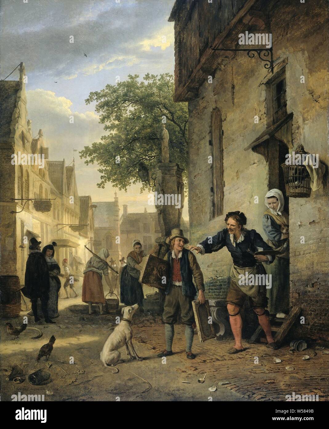 Jan Steen envoie son Fils dans la rue pour échanger des peintures pour la bière et le vin, Jan Steen envoie son fils dans la rue de commerce de peintures pour la bière et le vin. À droite est le peintre, palette et pinceaux à la main, en face de sa maison. Un chien est à regarder. Dans la rue, les femmes remplissent deux seaux à un puits., Ignatius Josephus Van Regemorter, 1828, panneau, de la peinture à l'huile (peinture), H 55 cm × w 44,5 cm d 9,5 cm Banque D'Images