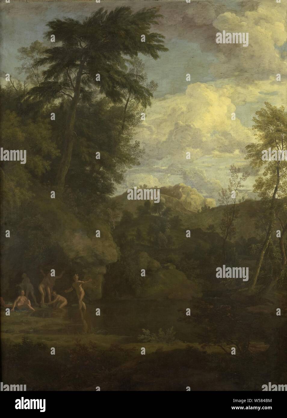 Paysage arcadien avec Diana, baignade paysage arcadien avec Diana baignade avec ses compagnes dans un lac entre les rochers et les grands arbres., Johannes Glauber, 1680 - 1726, la toile, la peinture à l'huile (peinture), h 124 cm × w 90 cm d 6 cm Banque D'Images