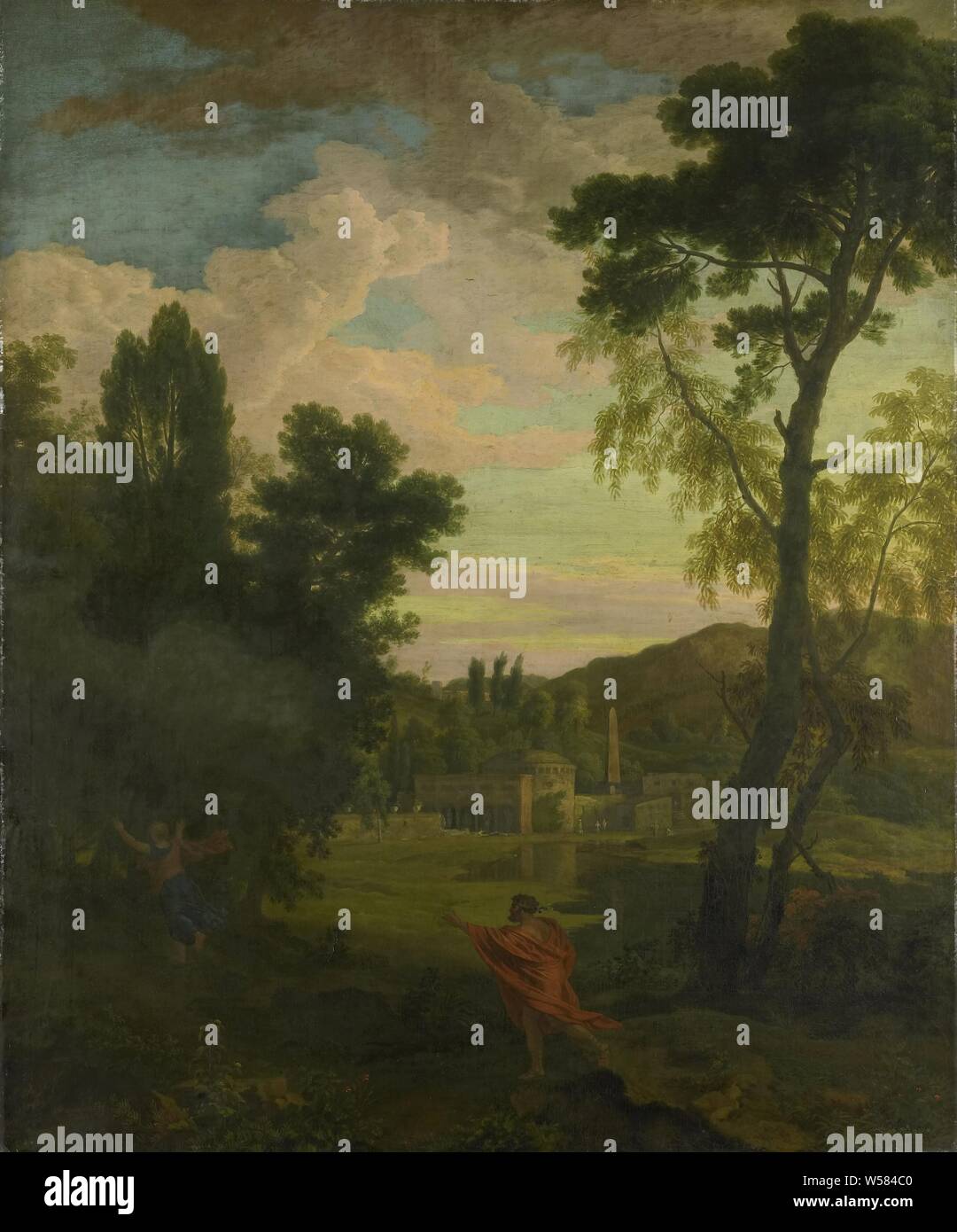 Paysage arcadien avec Jupiter et Io, paysage arcadien avec Jupiter et Io. Dans l'arrière-plan un temple et un obélisque par une rivière. Sur le droit d'un seul grand arbre., Johannes Glauber, 1680 - 1726, la toile, la peinture à l'huile (peinture), h 160 cm × w 131,7 cm × t 4.2 cm d 5,8 cm Banque D'Images