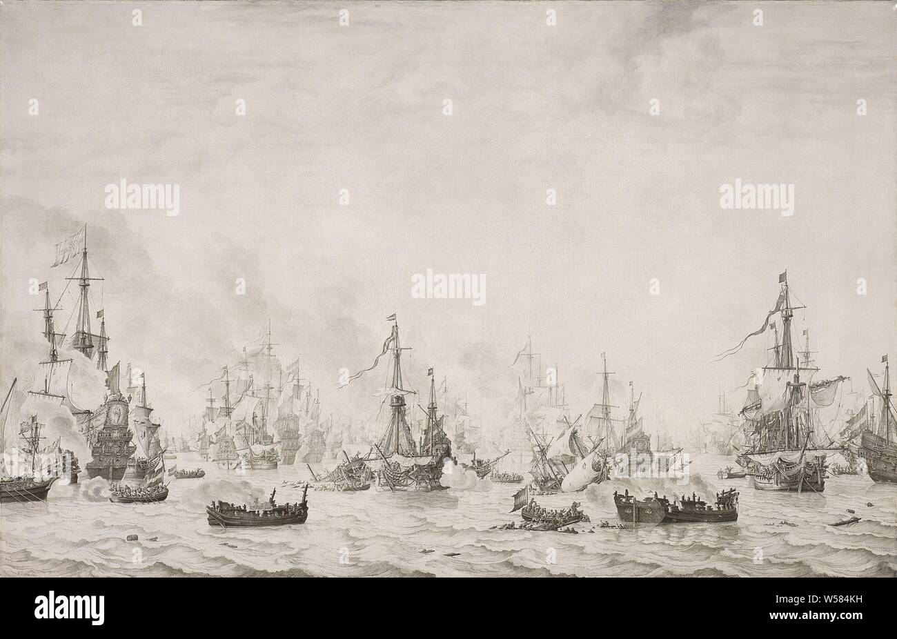 La bataille de la valeur de la bataille des Downs contre l'Armada espagnole, 21 octobre 1639, la bataille navale contre l'Armada espagnole au Duins, 21 octobre 1639. Les navires néerlandais et espagnols, avec certains brûleurs dans l'avant-plan et de sloops avec les marins, bataille (navires à voile), voile de bateau, bateau à voile, bataille de la Downs, Duins, Cornelis Tromp, Willem van de Velde (J), 1659, toile, encre, h 124 cm × w 190 cm Banque D'Images