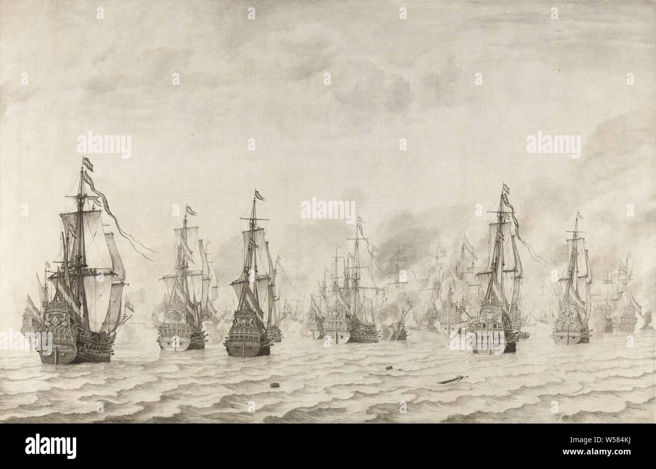 La bataille de Dunkerque La bataille navale contre les Espagnols près de Dunkerque, le 18 février 1639, la bataille navale contre les Espagnols à Dunkerque, le 18 février 1639. Une flotte de navires de guerre hollandais, vu sur le miroir, bataille (voile -les navires), Dunkerque, Cornelis Tromp, Willem van de Velde (J), 1659, toile, encre, h 123 cm × w 185 cm Banque D'Images