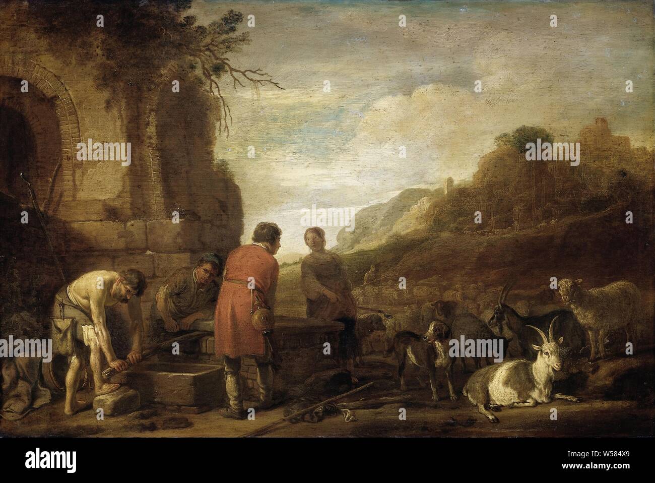 La rencontre de Jacob et de Rachel, la rencontre de Jacob et Rachel au puits. Jacob, qui est un roulement de la pierre bien avec deux bergers, parle à Rachel, qui est venu pour le bien du troupeau avec son père, sur la gauche une ruine, sur la droite des chèvres, des moutons et un chien., Claes Moeyaert, ch. 1638, tableau de bord, de la peinture à l'huile (peinture), support : h 40,6 cm × 60,5 cm w Banque D'Images