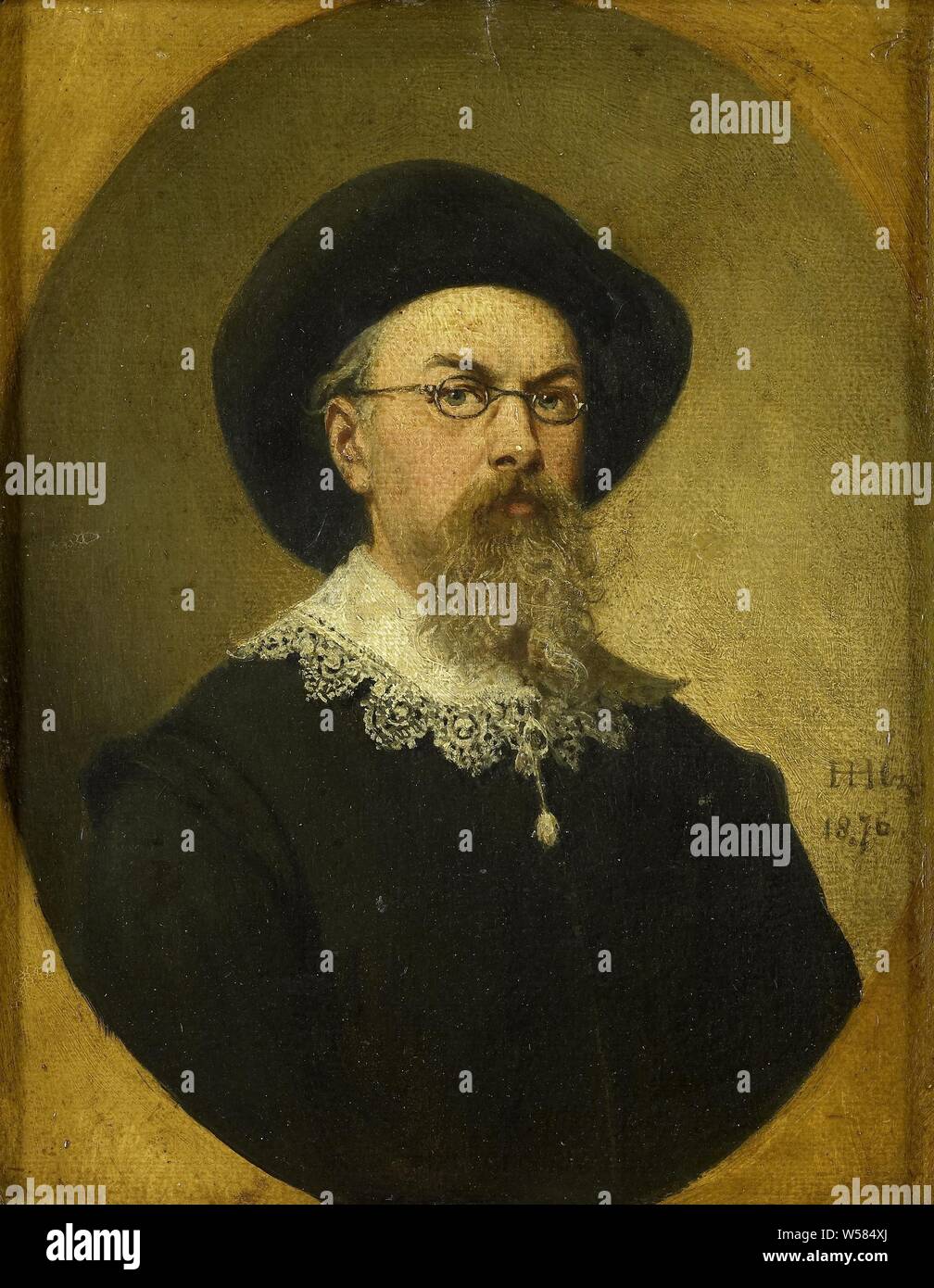 Self Portrait, auto-portrait du peintre Hendrik Hollander Cz .. Buste,  ovale, avec chapeau et lunettes., Hendrik
