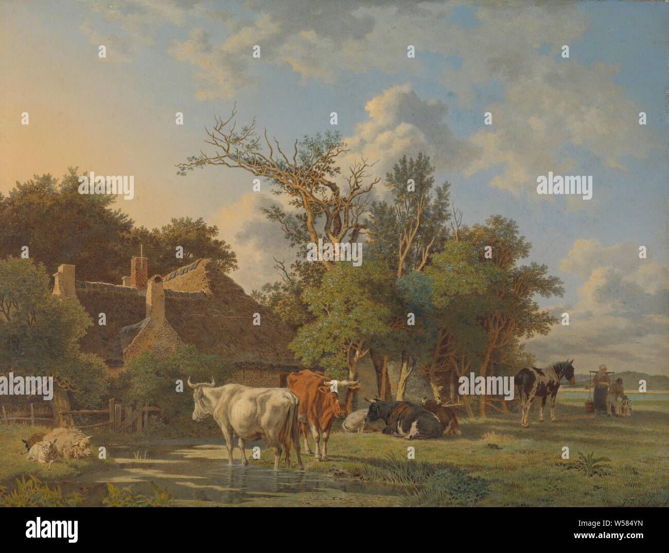 Gravure Antique Signée J.F. Millet - Paysan Arrosant Ses Vaches - Années 1800 - Occasion
