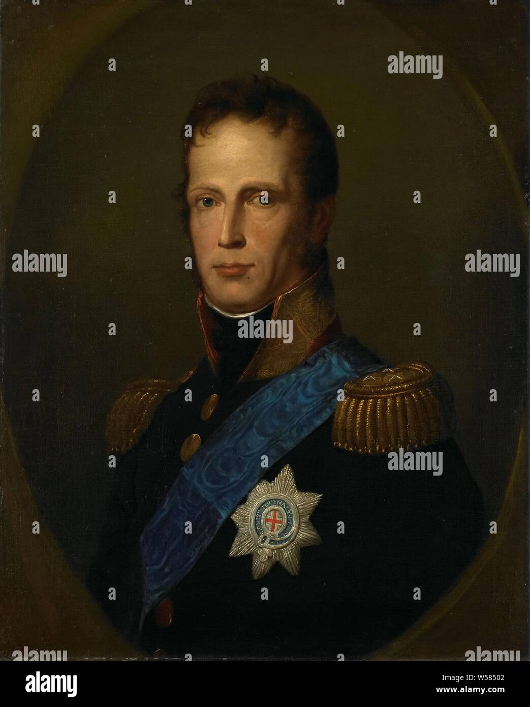William I, Prince Souverain de l'Organisation des Pays-Bas, plus tard le roi des Pays-Bas, Portrait de Willem I (1772-1843), prince souverain de l'Organisation des Pays-Bas, plus tard le roi des Pays-Bas. Buste en ovale, en face. Décoré avec des étoiles et le ruban de l'ordre de la Jarretière, Frederik Willem I (Roi des Pays-Bas), l'ordre de la Jarretière, anonyme, nord des Pays-Bas, 2-Déc-1813 - 16-mars-1815, de la toile, de la peinture à l'huile (peinture), H 69 cm × w 55 cm Banque D'Images