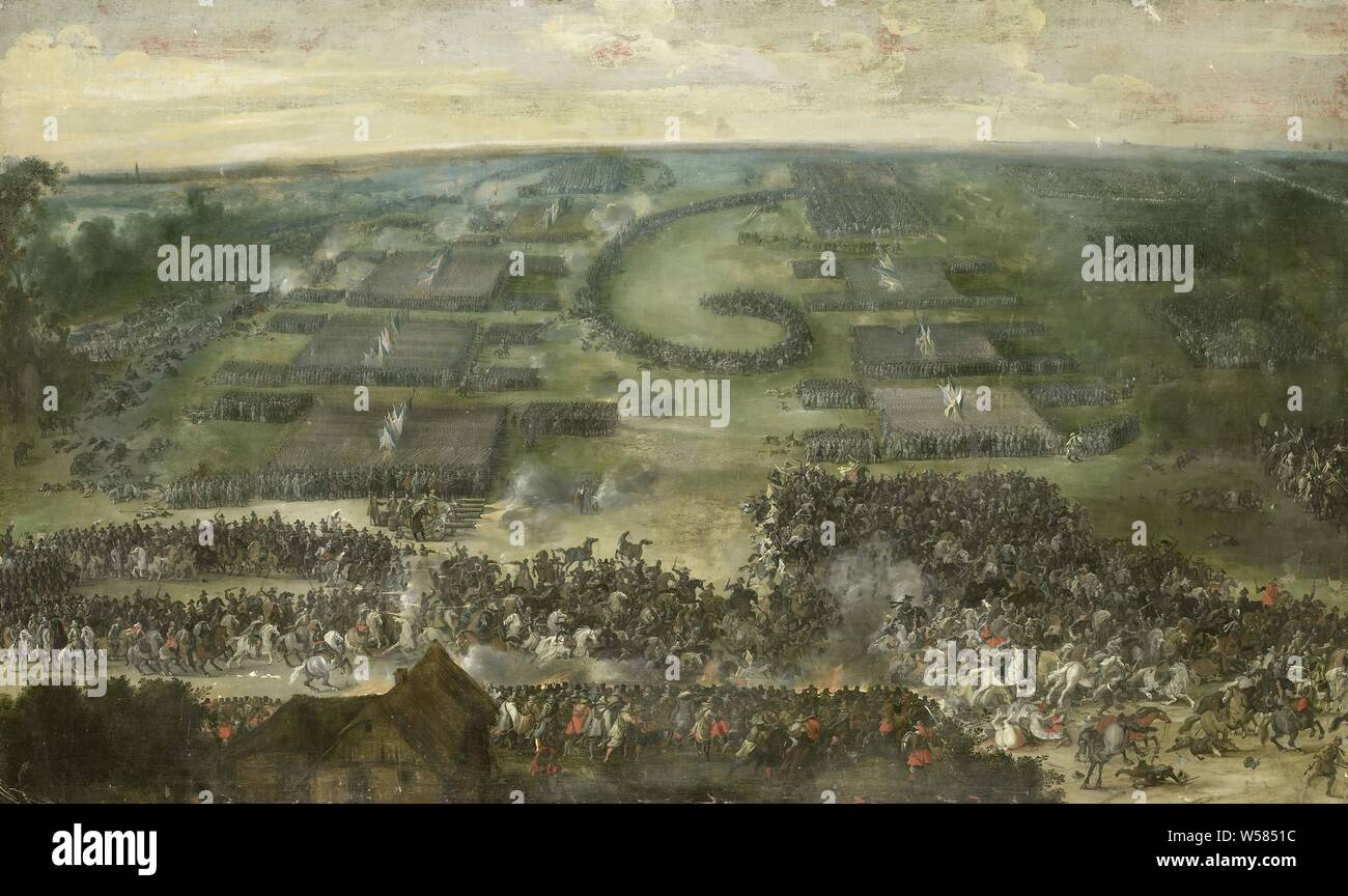 Une bataille, une grande bataille vu dans une perspective d'oiseau. Au premier plan un combat de cavalerie, suivi par l'artillerie et l'infanterie. En haut une division riders fait un mouvement en spirale. Peut-être la bataille de Wimpfen en Allemagne en 1622., Peter Snayers, 1615 - 1650, la toile, la peinture à l'huile (peinture), h 118 cm × w 195,6 cm × t 3,7 cm Banque D'Images