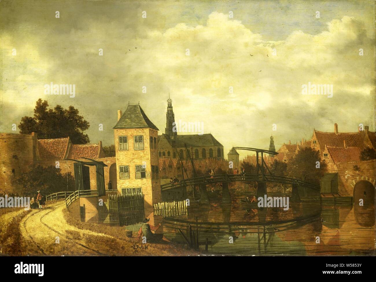 Vue de la ville de Haarlem, les tâches de la rivière Spaarne, montrant le Eendjespoort, vue de la ville de Haarlem sur la Spaarne à l'Eendjespoort. Derrière la porte en bois d'un pont-levis, au premier plan un homme est la pêche., Balthasar van der Veen, ch. 1650 - c. 1659, tableau de bord, de la peinture à l'huile (peinture), support : h 75,3 cm × w 109,2 cm d 6,3 cm Banque D'Images