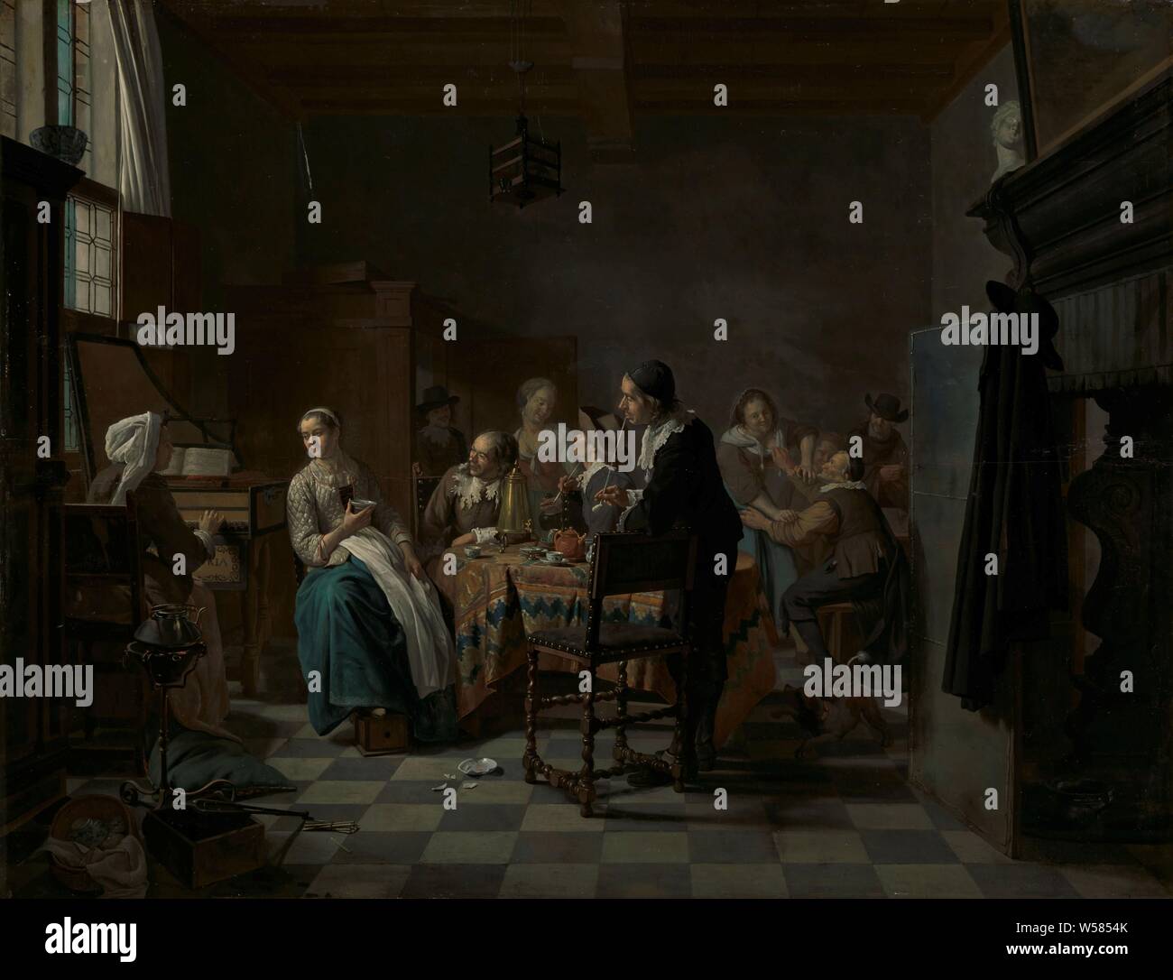 Le nouveau morceau', de l'intérieur avec une entreprise autour de la table, à gauche une jeune femme jouant une chanson d'un livre sur un clavecin. Le thé est bu à la table, deux hommes fument la pipe. La femme sur la gauche a un ragoût sous ses pieds. Dans l'arrière-plan, un vieil homme engage une jeune femme. Sur la droite un écran pour la cheminée avec un manteau et un chapeau. Une cage à oiseaux est suspendu au plafond., Jan Josef Horemans (II), 1740 - 1760, de bord, de la peinture à l'huile (peinture), H 60 cm × w 77 cm d 7,2 cm Banque D'Images