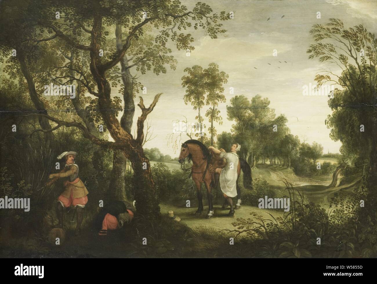 Le voleur puni, puni le voleur. Sur la route entre Bruxelles et Thienen est une femme qui a été dépouillé de ses vêtements par un coureur espagnol, elle utilise un moment d'inattention pour monter et fuir son cheval., Sebastiaan Vrancx, 1600 - 1647, de bord, de la peinture à l'huile (peinture), h 45,5 cm × w 65 cm d 5 cm Banque D'Images