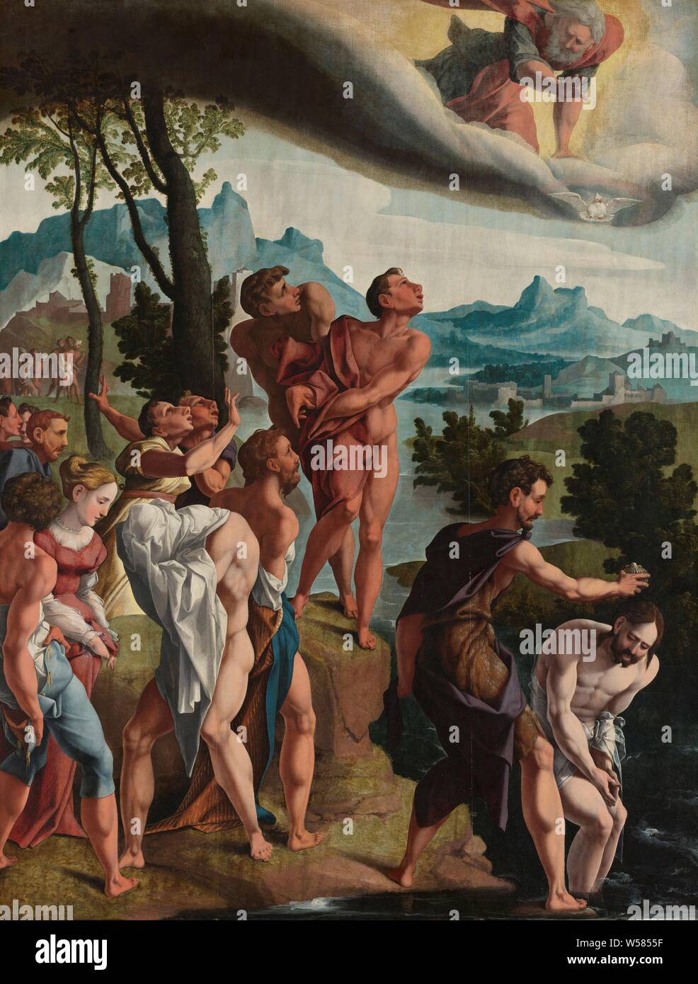 Le Baptême du Christ, le Baptême du Christ. Sur la droite, Jean Baptiste baptise le Christ avec l'eau du Jourdain. Dans le ciel Dieu le Père et la colombe de l'Esprit Saint. Sur la gauche un peu d'autres personnes, un peu d'eux-mêmes à sec et s'habiller., Lorenzo Costa (atelier de), ch. 1535, tableau de bord, de la peinture à l'huile (peinture), support : h 128 cm × w 98,5 cm d 8 cm Banque D'Images Le Baptême du Christ, le Baptême du Christ. Sur la droite, Jean Baptiste baptise le Christ avec l'eau du Jourdain. Dans le ciel Dieu le Père et la colombe de l'Esprit Saint. Sur la gauche un peu d'autres personnes, un peu d'eux-mêmes à sec et s'habiller., Lorenzo Costa (atelier de), ch. 1535, tableau de bord, de la peinture à l'huile (peinture), support : h 128 cm × w 98,5 cm d 8 cm Banque D'Images