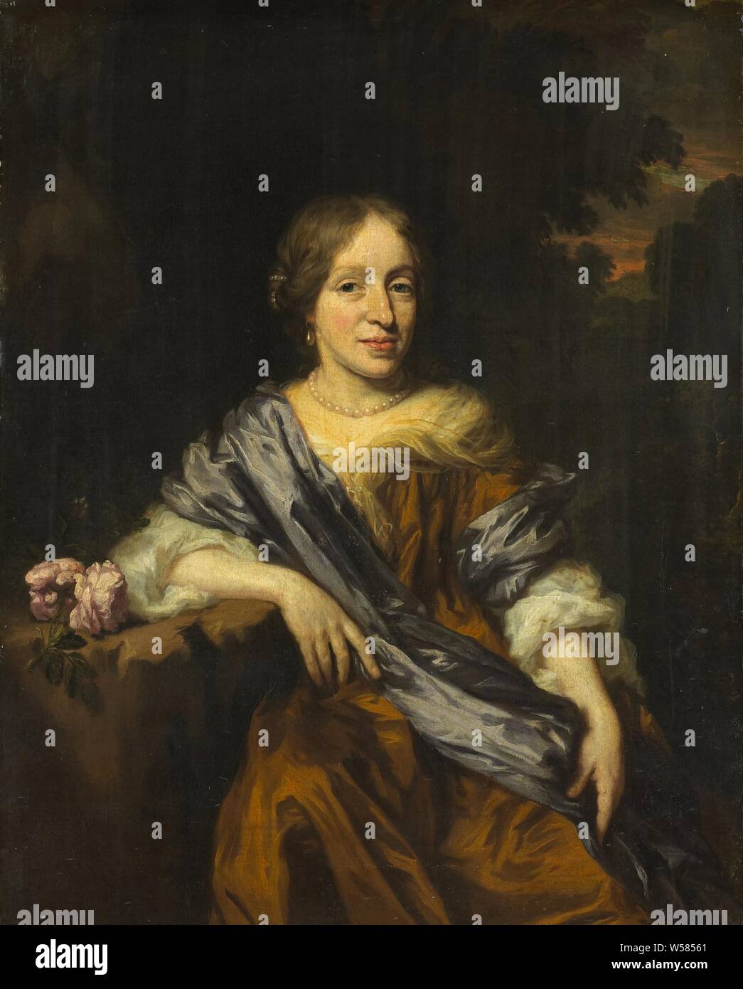 Portrait de Catharina Pottey, soeur ou Willem et Sara Pottey, soeur de Willem et Sara Pottey. Genou, assis avec le bras droit s'appuyant sur une table avec une rose. Dans l'arrière-plan un paysage., Nicolaes MAES, 1661 - 1693, la toile, la peinture à l'huile (peinture), H 61 cm × w 49 cm d 6 cm Banque D'Images