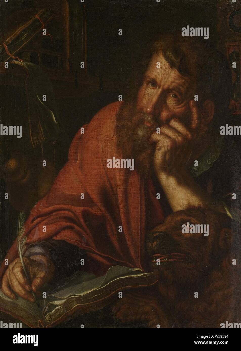L'évangéliste saint Marc, l'évangéliste Marc, demi-figure par écrit dans un livre. Sur la droite un lion, sur la gauche une bibliothèque, Joachim Wtewael, 1610 - 1615, la toile, la peinture à l'huile (peinture), H 68 cm × w 50 cm Banque D'Images