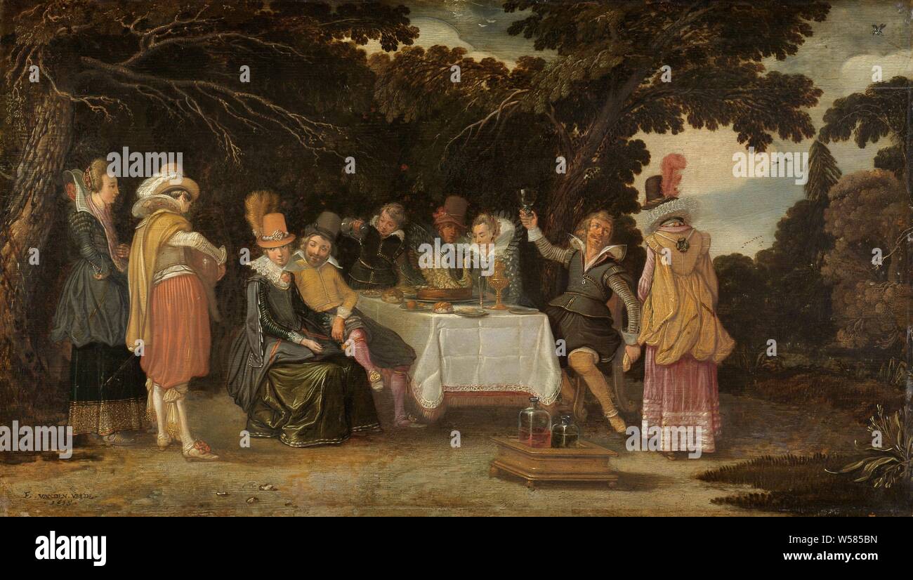 Une partie, la partie en plein air. Une élégante compagnie assis à une table sous les arbres dans un jardin ou parc. Sur la gauche un homme joue du luth pendant qu'une femme chante. Sur la table est un diagramme circulaire avec un paon, assiettes et verres, un serviteur est de verser le vin. Au premier plan il y a un vin avec quelques bouteilles., Esaias van de Velde, 1615, panneau, de la peinture à l'huile (peinture), support : h 34,7 cm × w 60,7 cm d 7,7 cm Banque D'Images