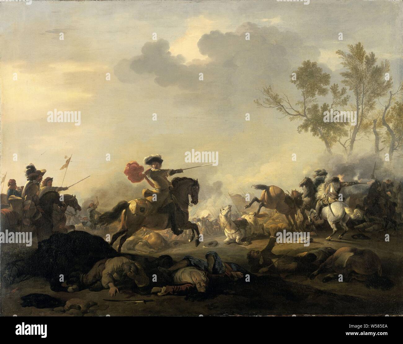 Attaque de cavalerie, lutte équestre. Au centre, un officier à cheval avec une épée nue mène l'attaque. Des soldats blessés et mourant sur le sol parmi les corps de soldats tués. À droite devant un groupe d'arbres, un cavalier tire une arme sur l'ennemi., Jan van Huchtenburg, 1680 - 1700, la toile, la peinture à l'huile (peinture), h 59,5 cm × w 75 cm Banque D'Images