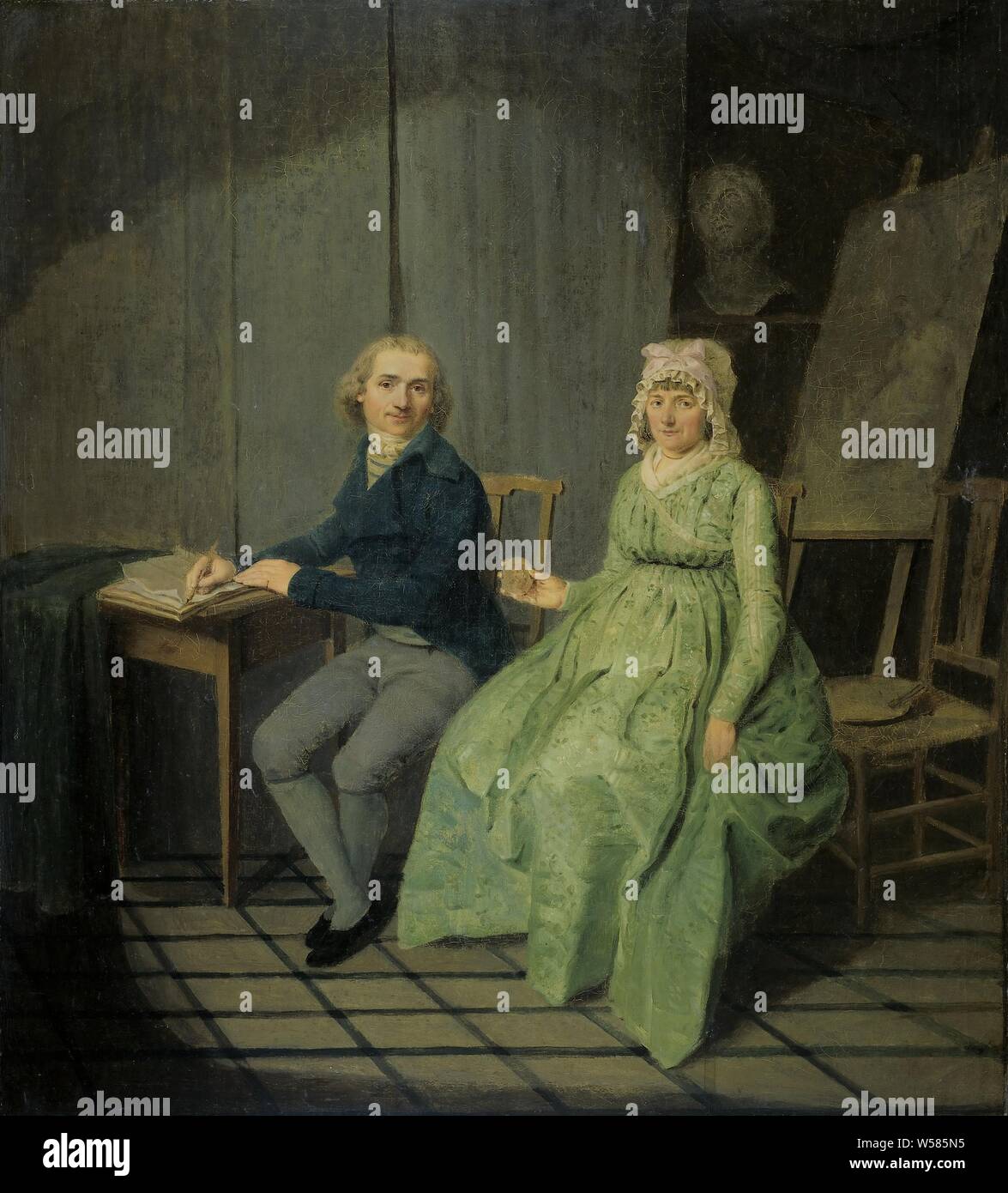 Un peintre avec sa femme, Double portrait du peintre Wybrand Hendriks avec première épouse Agatha Ketel. Assis dans un intérieur, l'homme écrit à une table, la femme tenant un portrait médaillon. Dans l'arrière-plan d'un chevalet et d'une tête en plâtre., Wybrand Hendriks, 1791, toile, de la peinture à l'huile (peinture), H 52 cm × w 47 cm d 6,5 cm Banque D'Images