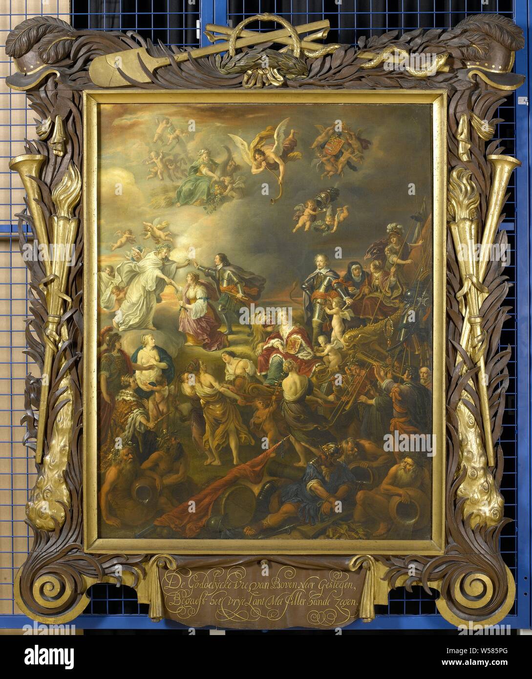 Allégorie de la paix sous comme stathouder Willem II, allégorie de la paix temps sous comme stathouder Guillaume II. À partir de la droite, la voiture de l'Eendracht avec Frederik Hendrik est tiré par quatre filles vierges de la Justice, la justice et la prudence, Fierheid. Sur la voiture personnifications de la liberté, de la religion, de Victoria, de la République de l'Organisation des Pays-Bas, le lion néerlandais. Musiciens à pied à droite de la voiture. La voiture est attendue par les déesses Minerve, Vénus et Junon. Au premier plan à droite, la guerre, c'est fasciné par tous les types d'armes, de pièces d'armure, un tambour et une bannière. Sur le droit Banque D'Images