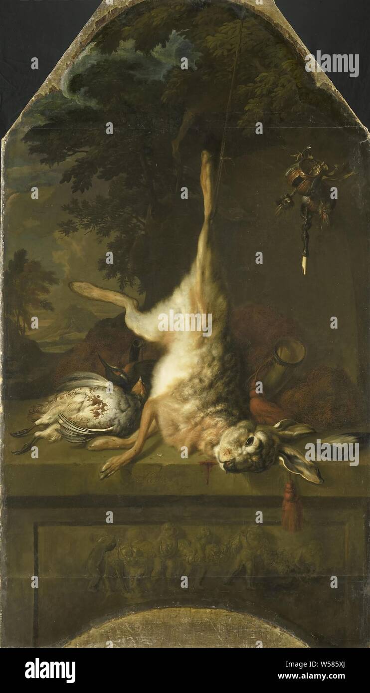 Still Life with Dead Hare et perdrix, cheminée avec une nature morte avec un lièvre mort suspendue sur une jambe, une paire de perdrix, un cor de chasse et certains autres attributs de la chasse sur un socle en pierre. Au bas de la plinthe un relief de putti avec une guirlande de fleurs et de fruits. Dans l'arrière-plan un paysage, nature morte d'objets connexes, de trophées de chasse, les rongeurs : hare (animaux tués par l'homme), Dirk Valkenburg (mentionné sur l'objet), 1717, toile, de la peinture à l'huile (peinture), h 100 cm × w 80 cm d 11,5 cm Banque D'Images