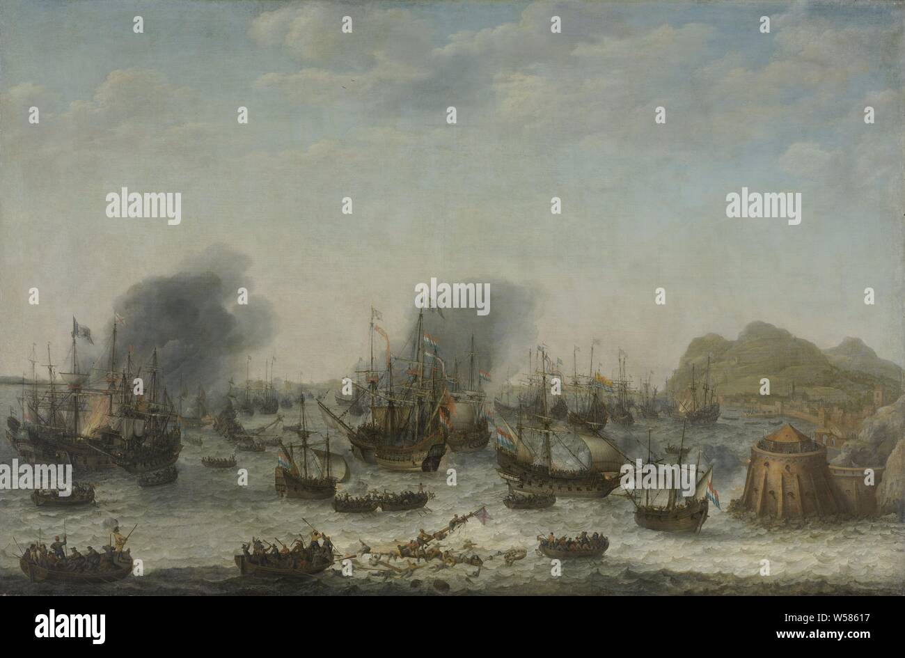 Bataille navale près de Gibraltar, 25 avril 1607 (victoire sur les Espagnols près de Gibraltar par une flotte commandée par l'amiral Jacob van Heemskerck) bataille navale, avec la victoire sur les Espagnols à Gibraltar par une flotte commandée par Jacob van Heemskerck Heemskerck, 25 avril 1607. La mer au large de la côte est pleine de vaisseaux de tirer sur l'autre, certains navires sont en feu. Au premier plan l'équipage d'un navire coulé tente de sauver lui-même en bataille, sloops (voile de navires), détroit de Gibraltar, l'amirauté d'Amsterdam, Jacob van Heemskerck, Adam Willaerts (signé par l'artiste), 1639, toile, de la peinture à l'huile (peinture Banque D'Images