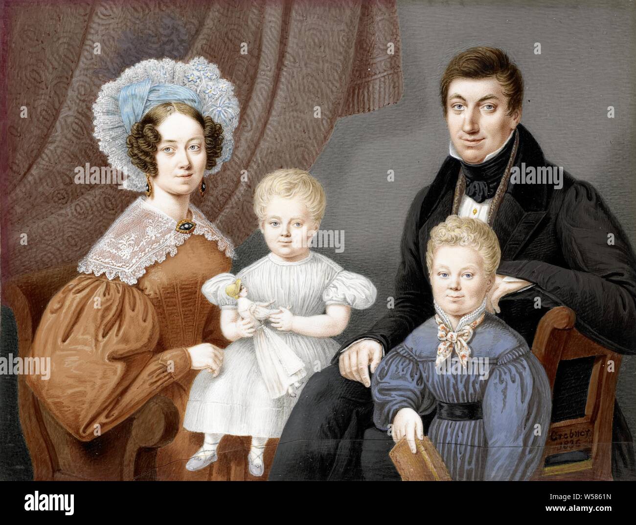 La famille Diederichs, Portrait de la famille Diederichs. Présentés sont le libraire d'Amsterdam Pieter Arnold Diederichs (1804-74), son épouse Alida Elisabeth Sligting (1801-71) le fils Willem George Albrecht (1829-1901) avec un livre et la fille Bertha, avec une poupée dans les mains. Une partie de la collection de miniatures., tasse et soucoupe, photo, peinture, les personnes historiques - BB - femme, Machteld Muilman, Willem Grebner (mentionné sur l'objet), 1836, l'ivoire, h 14,3 cm × w 18,6 cm d 5,5 cm Banque D'Images
