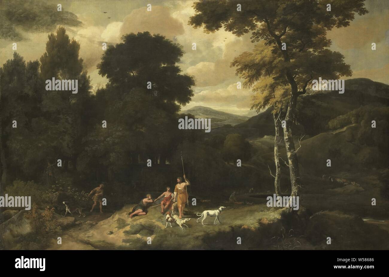 Paysage avec les chasseurs, avec des paysages forestiers certains chasseurs avec des chiens au premier plan, les chasseurs se reposer pendant la chasse, scènes pastorales, Arcadian, Jacob Esselens (mentionné sur l'objet), 1660 - 1687, la toile, la peinture à l'huile (peinture), h 103 cm × w 158 cm d 10 cm Banque D'Images