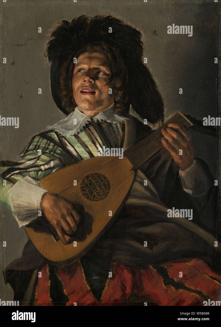 La Sérénade, la sérénade. Un garçon jouant sur un luth. Sur la tête un béret à plumes, luth, et des formes spéciales de luth, théorbe, eg . : sérénade pour le bien-aimé, Judith Leyster (mentionné sur l'objet), 1629, de bord, de la peinture à l'huile (peinture), h 45,5 cm × w 35 cm Banque D'Images