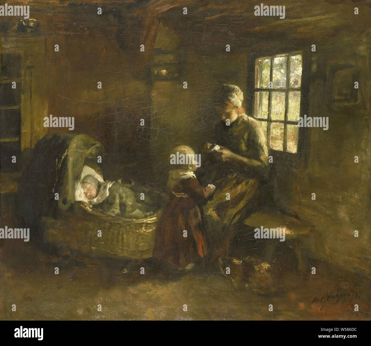 À La Station D', La Présentation Intitulée "Au Berceau". Une Jeune Femme  Est Un Peeling Apple À Un Berceau Pour Sa Fille Debout Devant Elle. Un  Enfant Dort Dans Le Berceau, Sur