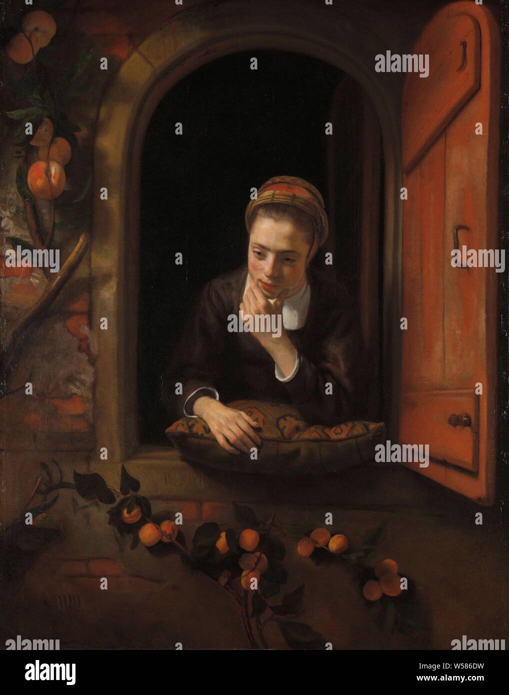 Fille lors d'une fenêtre, connu comme 'la fleur maudite", présentation d'une jeune fille à la fenêtre, connu comme 'La Pensive". La fille est appuyée sur un oreiller couché dans la fenêtre, elle a la main gauche sur le menton. Sur le droit de l'ouvrir le volet de la fenêtre. Un abricotier pousse contre le mur de la chambre., Nicolaes MAES, 1650 - 1660, la toile, la peinture à l'huile (peinture), h 123 cm × w 96 cm d 9,5 cm Banque D'Images