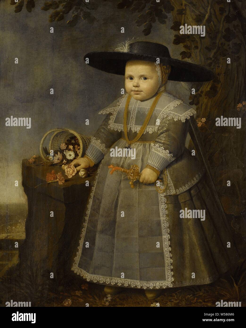 Portrait d'un petit garçon, Portrait d'un petit garçon de un an et demi. Debout, pleine longueur, sous un arbre par un banc de pierre sur lequel un panier de fleurs. Dans la main gauche un hochet. Sur la tête un grand chapeau à large bord, une croix sur un ruban autour du cou., Willem van der Vliet (ca. 1584-1642), 1638, de bord, de la peinture à l'huile (peinture), support : h 92,3 cm × w 76 cm d 4,5 cm Banque D'Images
