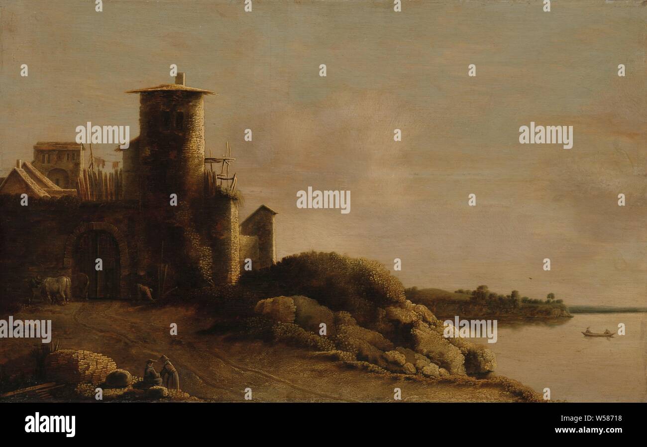 Paysage, Paysage avec une rivière et un Italien ferme avec une tour ronde. Deux personnes ont un chat sur le côté gauche de la route., Claude de Jongh, 1633, panneau, de la peinture à l'huile (peinture), h 43,5 cm × w 69 cm d 6,2 cm Banque D'Images