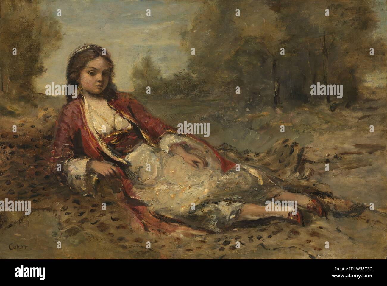 Algé rienne, Algé rienne. Jeune algérienne ou d'une fille allongée sur une peau de panthère., Camille Corot, 1871 - 1873, la toile, la peinture à l'huile (peinture), H 41 cm × w 60 cm Banque D'Images