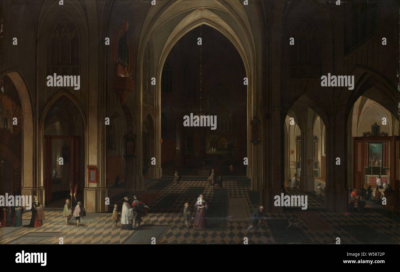 Un intérieur de l'église aux chandelles, un intérieur de l'église aux chandelles avec quelques visiteurs. Sur la gauche deux garçons avec des torches, sur la droite une masse est tenu dans une chapelle., Pieter Neefs (I), 1636, de bord, de la peinture à l'huile (peinture), H 49 cm × w 81 cm d 4,7 cm Banque D'Images