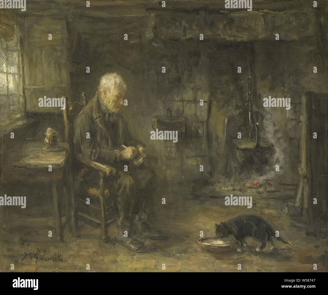Intérieur d'une cabane de paysan, de l'intérieur d'une ferme. Un vieux paysan s'assoit sur une chaise près d'une table, s'arrête un tuyau et regarde comme un chat mange à partir d'un bol. Dans le mur du fond un pot est suspendu au-dessus d'un feu couvant dans l'âtre., Jozef Israels, ch. 1882, la toile, la peinture à l'huile (peinture), H 60 cm × w 72 cm d 11,5 cm Banque D'Images