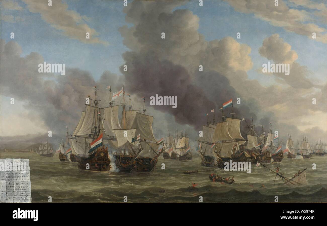 La bataille de Livourne La bataille navale près de Livourne, 14 mars 1653, la bataille navale à Livourne le 14 mars 1653 entre la flotte néerlandaise sous le commandement de Jan Van Galen et la flotte anglaise sous la direction de Henry Appleton. Au premier plan le mât d'un navire coulé et les marins dans une chaloupe et dans l'eau. Nuages de fumée noire au-dessus des navires. Au loin à gauche la côte de Livourne, bataille navale (force), bataille de Livourne, Livourne, Henry Appleton, Jan Van Galen, Cornelis Tromp, Reinier Nooms, 1653 - 1664, la toile, la peinture à l'huile (peinture), h 142 cm × w 225 cm Banque D'Images