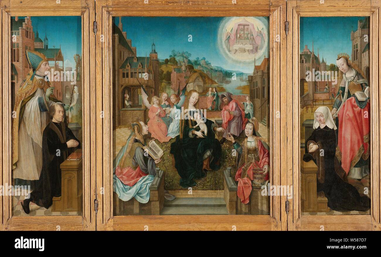 Le triptyque avec la Vierge et l'enfant avec les saints (centre), donneur mâle avec Saint Martin (à gauche, l'extension intérieure), femme donateur avec Saint Cunera (à droite, et l'Annonciation (extensions extérieures), Triptyque avec Mary assis sur le panneau central avec l'Enfant Jésus sur ses genoux dans la cour fortifiée d'un château. Deux sibylls à l'avant avec un livre et un panier de fleurs, trois music angels sur la gauche, Joseph sur la droite. Dans l'air d'une vision dans un halo de Dieu assis à un tabernacle dans lequel un retable de la passion d'outils ou d'Arma Christi. Sur le panneau de gauche le fondateur d'agenouillement avec Saint Martin (Sint Maarten), Banque D'Images