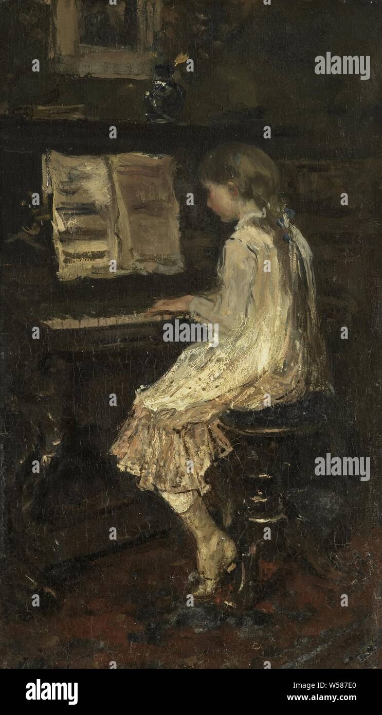 Fille au piano, une jeune fille jouant du piano, vu de profil. Au-dessus du  piano se trouve une peinture, girl (enfant entre tout-petits et les jeunes),  pianoforte, Jacob Maris (mentionné sur l'objet),
