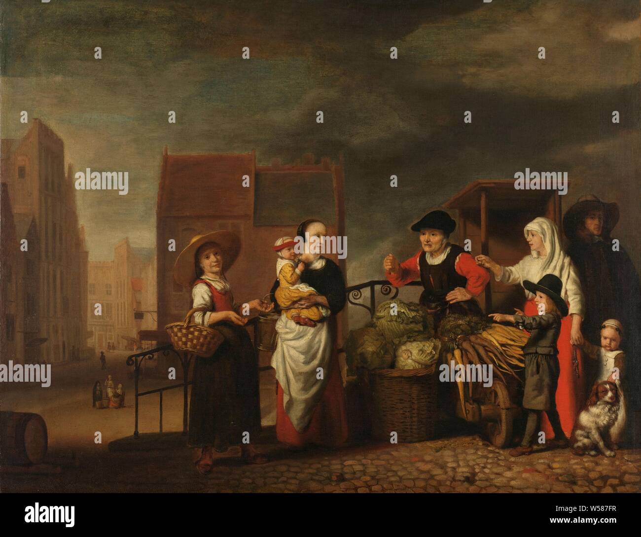 Marché de légumes, Légumes du marché. Un groupe de personnes autour d'un étal sur un pont où une vieille femme vend des légumes. Grand choux sont entassées dans un panier, de grandes bottes de carottes ou de navets sont sur une brouette. À gauche, une mère avec un enfant sur son bras et une femme de ménage avec un panier. Sur la droite une femme avec deux enfants et un chien, les légumes, le marketing, la gestion du ménage (shopping), stand, stand (marché), street trader - BB - les femmes engagées dans le commerce, Nicolaes MAES, 1655 - 1665, la toile, la peinture à l'huile (peinture), H 71 cm × w 91 cm d 8,5 cm Banque D'Images