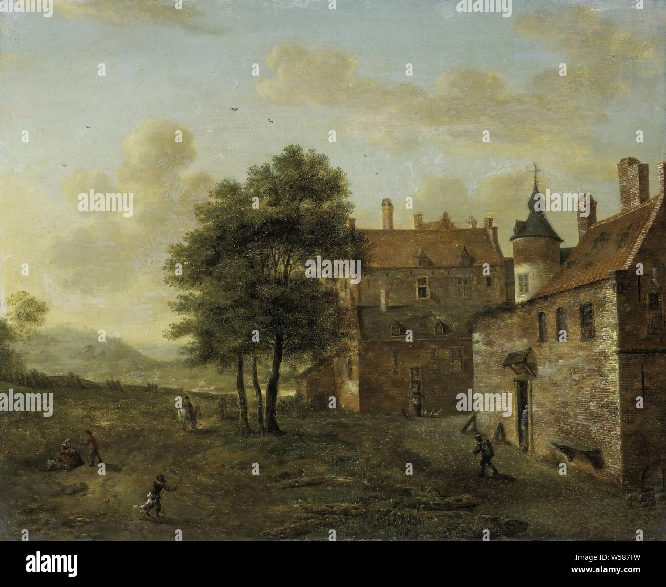 Une maison de campagne, une maison de pays situé le long d'une route avec des chiffres différents. En face de la partie arrière de la maison se trouve une femme qui nourrit les poulets, maison, Jan van der Heyden (mentionné sur l'objet), 1660 - 1712, de bord, de la peinture à l'huile (peinture), h 23,5 cm × w 29 cm d 2,5 cm Banque D'Images